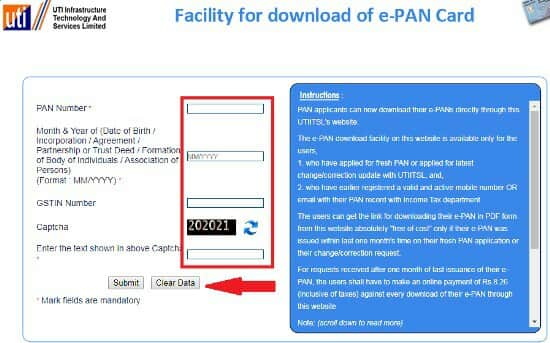 Submit Your Details for e Pan Card