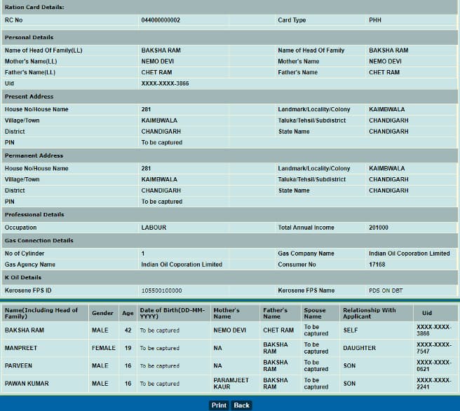 Chandigarh Ration Card List in hindi